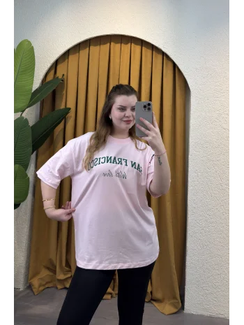 Oversize Basic Baskılı T-Shirt - TOZPEMBE