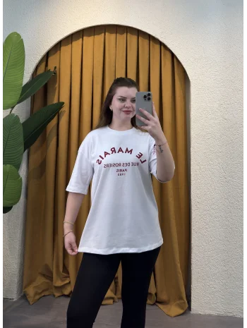 Oversize Basic Baskılı T-Shirt - BEYAZ