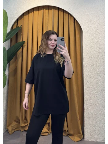 Oversize Basic Düz T-Shirt - SİYAH