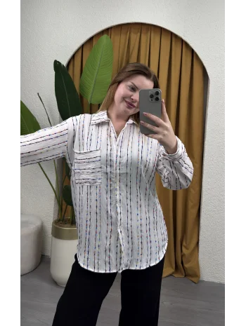 Oversize Çizgili Gömlek - BEYAZ
