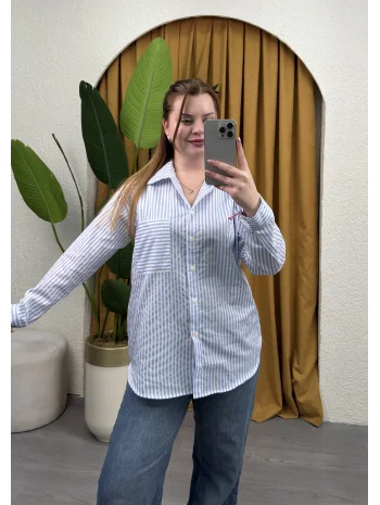Oversize Çizgili Gömlek - MAVİ