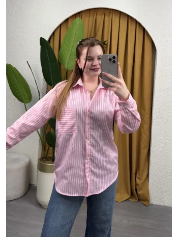 Oversize Çizgili Gömlek - PEMBE