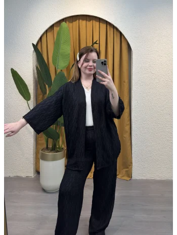 İkili Pileli Kimono Takım - SİYAH