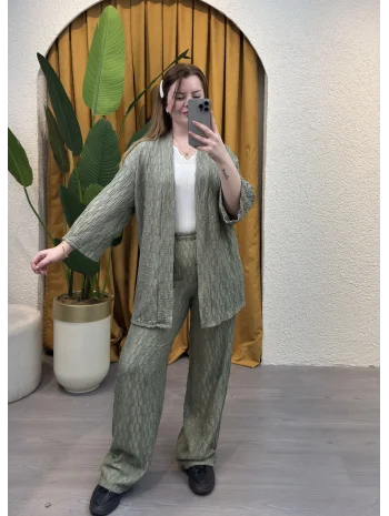 İkili Pileli Kimono Takım - HAKİ