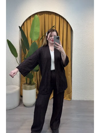 İkili Pileli Kimono Takım - ACI KAHVE