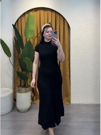 Godeli Kısa Kollu Elbise - SİYAH