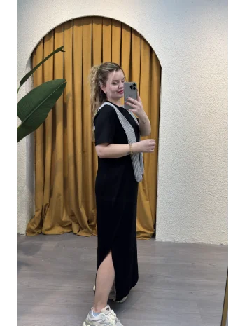 Elegance Bağlamalı Modal Elbise - SİYAH