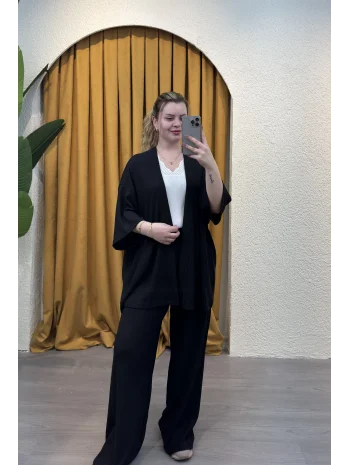 İkili Bürümcük Kimono Takım - SİYAH