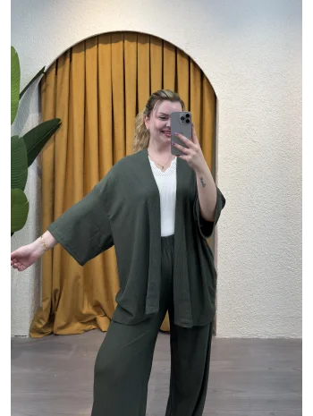 İkili Bürümcük Kimono Takım - HAKİ