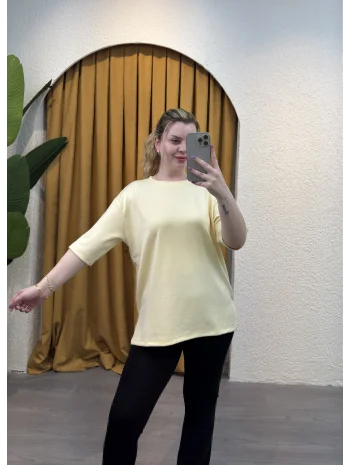 Oversize Yırtmaçlı Modal T-Shirt - SARI