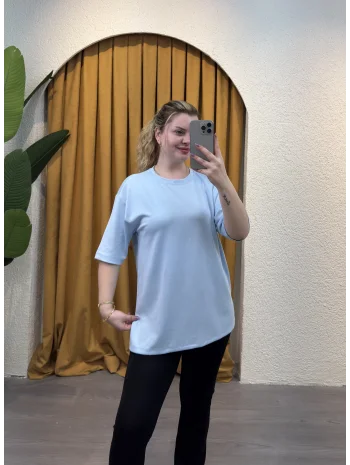 Oversize Yırtmaçlı Modal T-Shirt - MAVİ