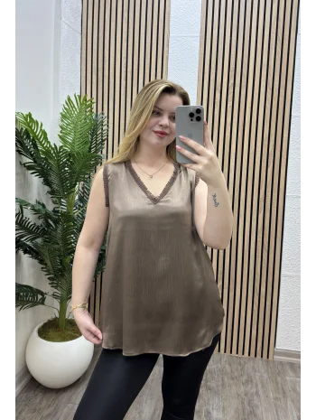 Güpür Detaylı Saten Bluz - KAHVERENGİ