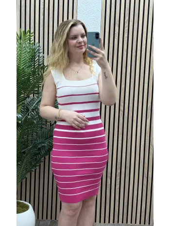 Askılı Çizgili Triko Elbise - PEMBE-SİYAH