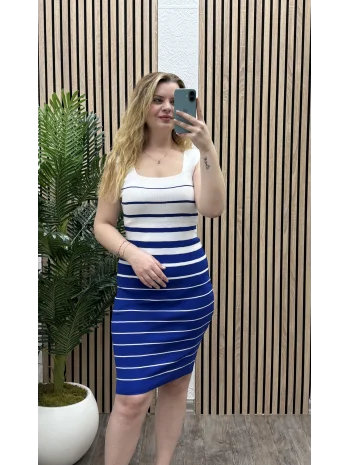 Askılı Çizgili Triko Elbise - MAVİ-KIRMIZI-KAHVE