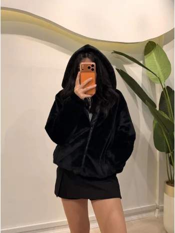 Astarlı Peluş Ceket - Siyah