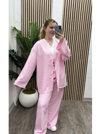 Bağlamalı İkili Keten Takım - PEMBE
