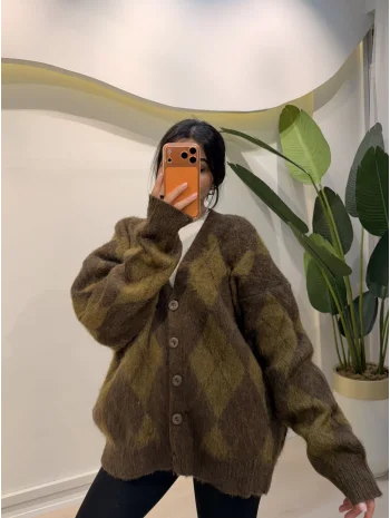 Baklava Desen Salaş Hırka - Kahve