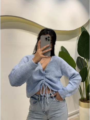 Büzgü Detaylı Kazak - Mavi