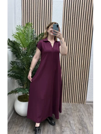 Cepli Polo Yaka Modal Elbise - BORDO