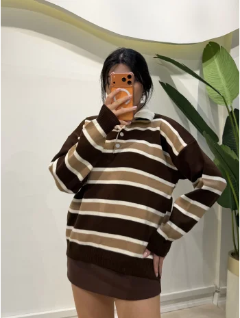 Çizgili Polo Yaka Kazak - Kahve Çizgili