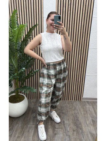 Ekoseli Oversize Pantolon - HAKİ