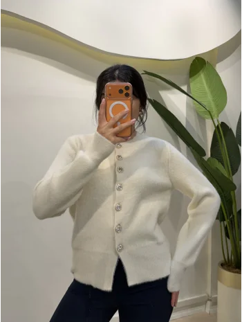 Elmas Düğmeli Sakallı Hırka - Ekru