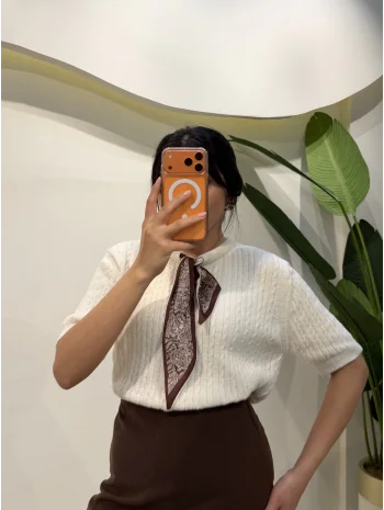 Fularlı Saç Örgü Hırka - Ekru