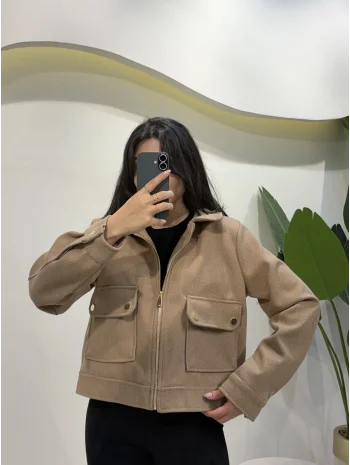 Gold Detaylı Kaşe Ceket - Vizon