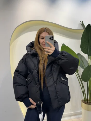 Oversize Kapüşonlu Şişme Mont - Siyah