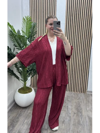 Pileli İkili Kimono Takım - BORDO