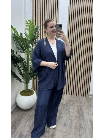 Pileli İkili Kimono Takım - LACİVERT