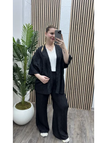 Pileli İkili Kimono Takım - SİYAH