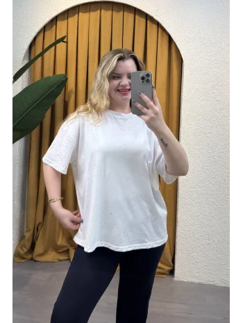 Sim Detay Oversize T-Shirt- BEYAZ