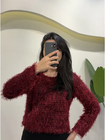 Simli Saçaklı Bluz - Bordo