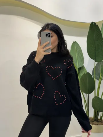 Taşlı Kalp Detaylı Kazak - Siyah
