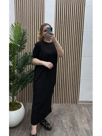 Taşlı Modal Shine Elbise - SİYAH