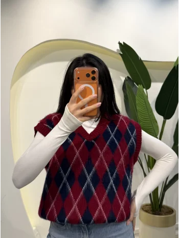 V Yaka Baklava Desen Süveter - Bordo