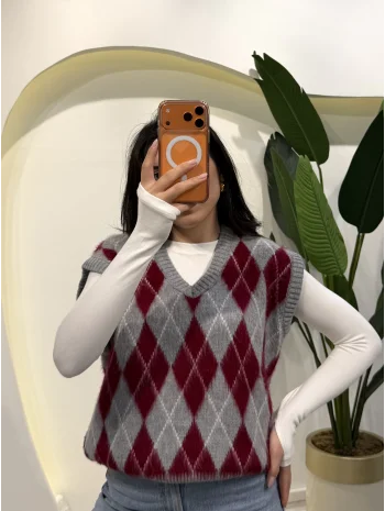 V Yaka Baklava Desen Süveter - Gri