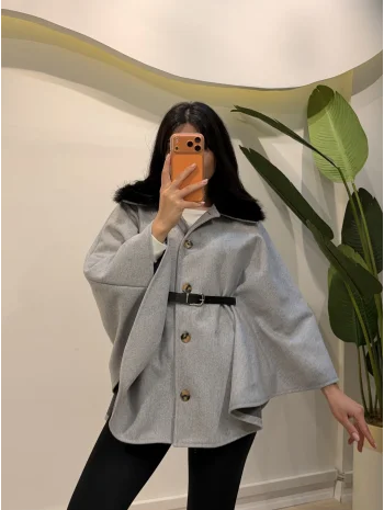 Yaka Kürklü Kaşe Ceket - Gri