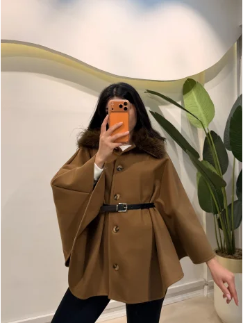 Yaka Kürklü Kaşe Ceket - Kahve