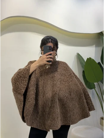 Yarasa Kol Saçaklı Panço - Kahve