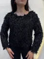 Simli Saçaklı Bluz - Siyah