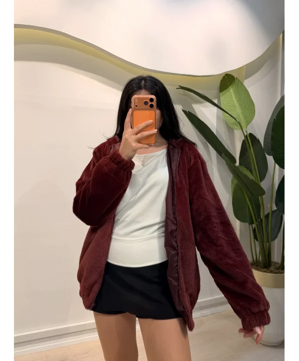 Astarlı Peluş Ceket - Bordo