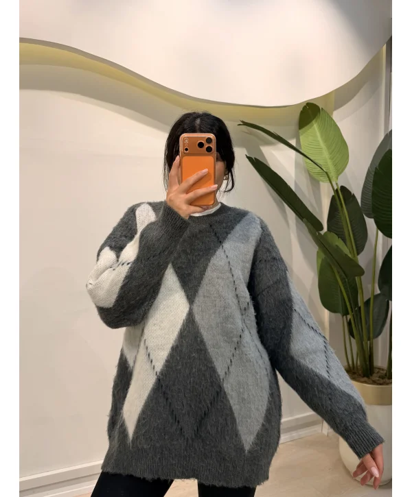 Baklava Desen Salaş Kazak - Gri