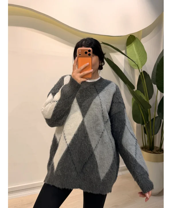 Baklava Desen Salaş Kazak - Gri