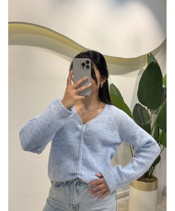 Büzgü Detaylı Kazak - Mavi