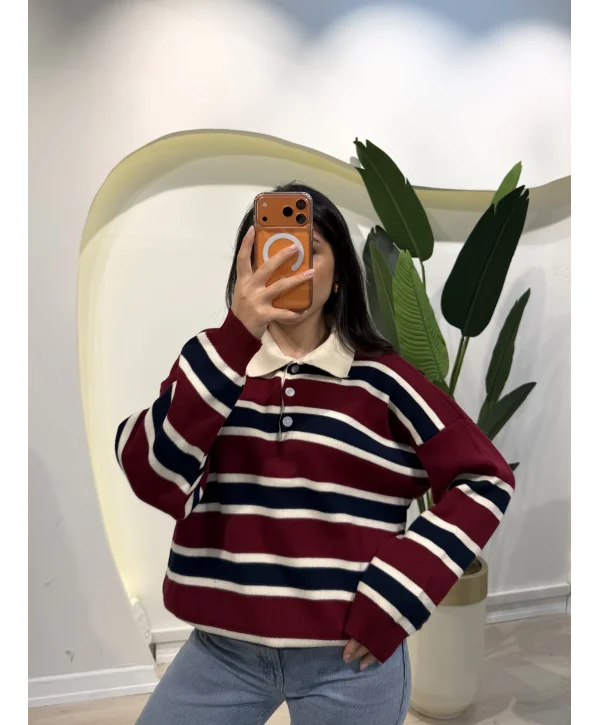 Çizgili Polo Yaka Kazak - Bordo Çizgili