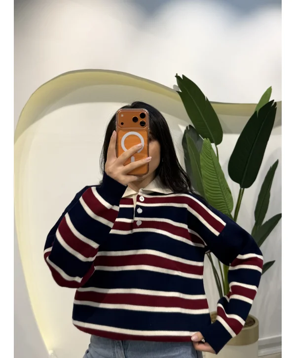 Çizgili Polo Yaka Kazak - Lacivert Çizgili