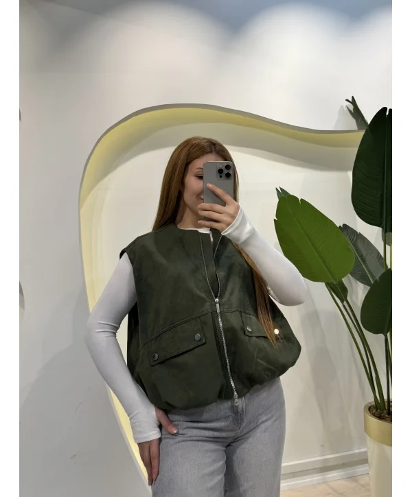 Fermuarlı Bomber Yelek - Haki