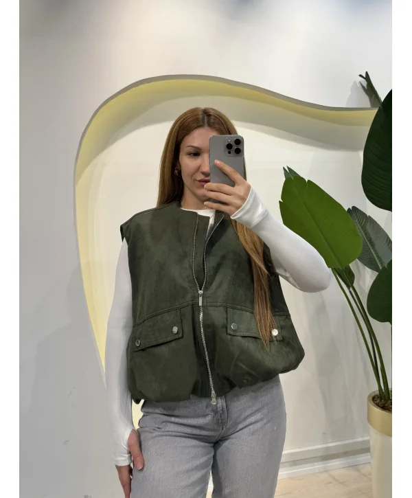 Fermuarlı Bomber Yelek - Haki